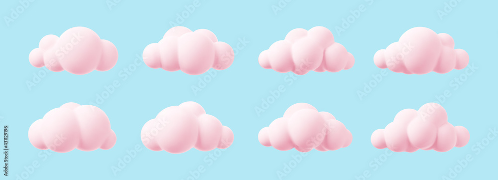 Fototapeta Pink 3d clouds set isolated on a blue background. Render magic sunset clouds icon in the blue sky. 3d geometric shapes vector illustration