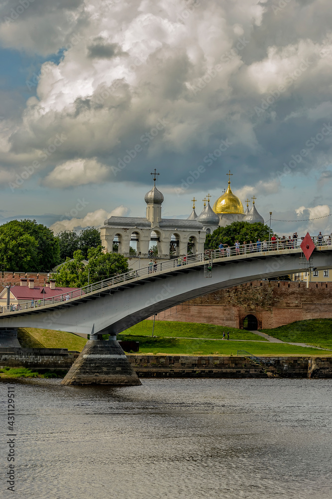View of the Kremlin of Veliky Novgorod from the walking bridge over the Volkhov River.