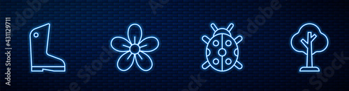 Set line Ladybug, Rubber gloves, Flower and Forest. Glowing neon icon on brick wall. Vector