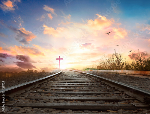 Canvas Print Heaven Road Concept: railway a way walking towards a cross