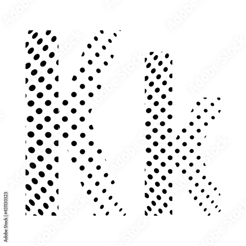 Letter K in halftone. Dotted illustration isolated on a white background. Vector illustration.