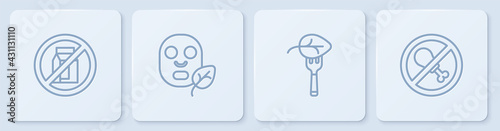 Set line No pack of milk, Vegan food diet, Facial cosmetic mask and meat. White square button. Vector