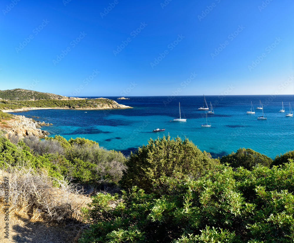 Pure clear azure coast near the Simius Beach near Villasimius, Sardinia, Italy.