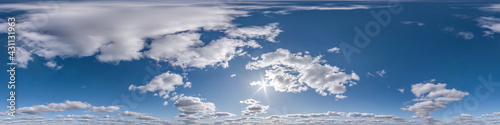 clear blue sky with white beautiful clouds. Seamless hdri panorama 360 degrees angle view with zenith for use in 3d graphics or game development as sky dome or edit drone shot