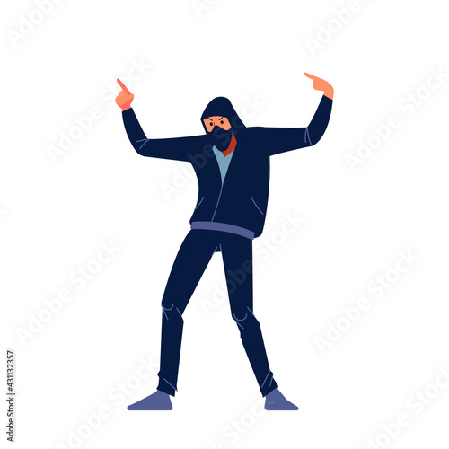Radical Protestant in the mask represents the protesters against the authorities among the burning street fighting. Cartoon flat character vector illustration on a white background