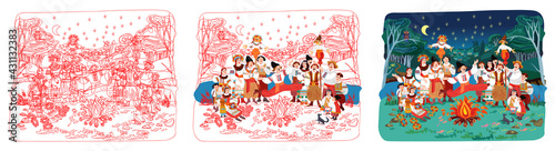 Ivan Kupala Day vector. The creation pattern is from a graphic image to a color one. People in traditional costumes near the river at night jump over a fire.