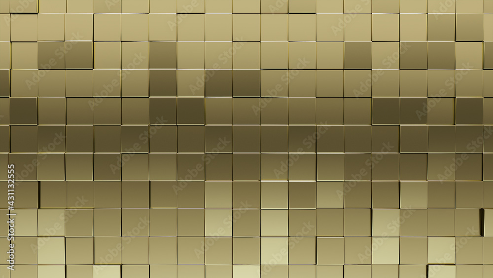 Polished, Glossy Mosaic Tiles arranged in the shape of a wall. Gold, Square, Bullion stacked to create a 3D block background. 3D Render Polished, Glossy Mosaic Tiles arranged in the shape of a wall. Gold, Square, Bullion stacked to create a 3D block background. 3D Render