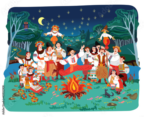 Ivan Kupala Day vector. People in traditional costumes jump over a bonfire by the river at night against the background of the moonlit sky.