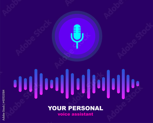 Voice assistant and voice recognition. Personal assistant. Sound wave and microphone. Equalizer. Vector illustration