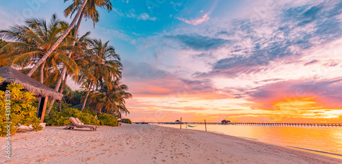 Fototapeta Naklejka Na Ścianę i Meble -  Island palm tree sea sand beach. Panoramic beach landscape. Inspire tropical beach seascape horizon. Orange and golden sunset sky calmness tranquil relaxing summer mood. Vacation travel holiday banner