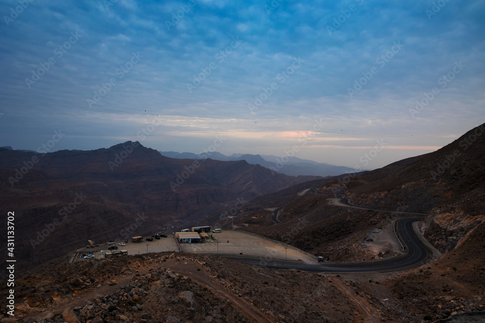 A view of the majestic Jebel Jais mountain in Ras Al Khaimah, United Arab Emirates from the highest viewing area.