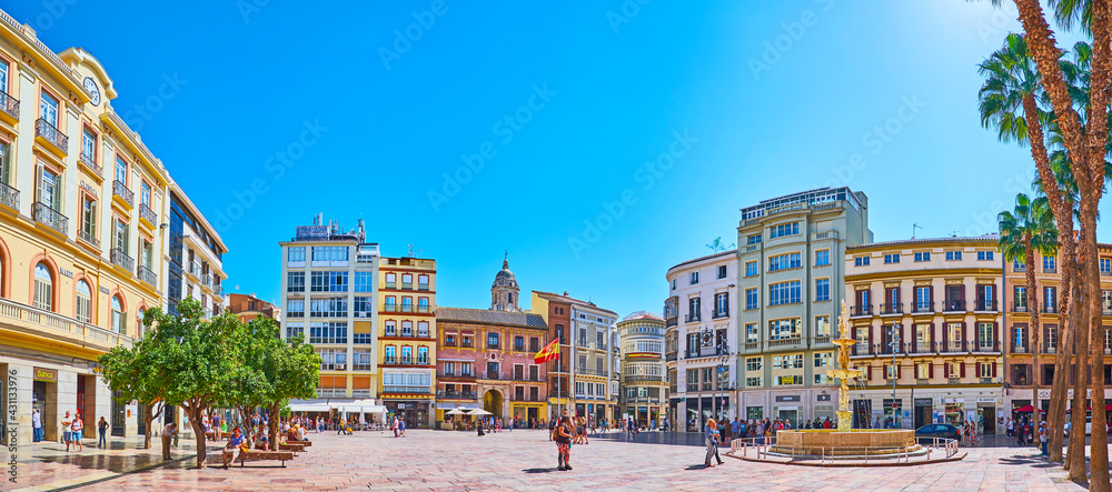 Panorama of Constitution Square with a fountain, Malaga, Spain