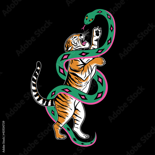 Tiger And Snake Battle. Vector illustration. Art Print.