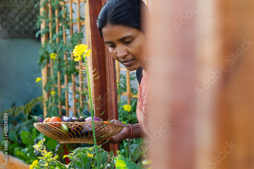  A woman carrying a full basket of fresh picked vegetables	