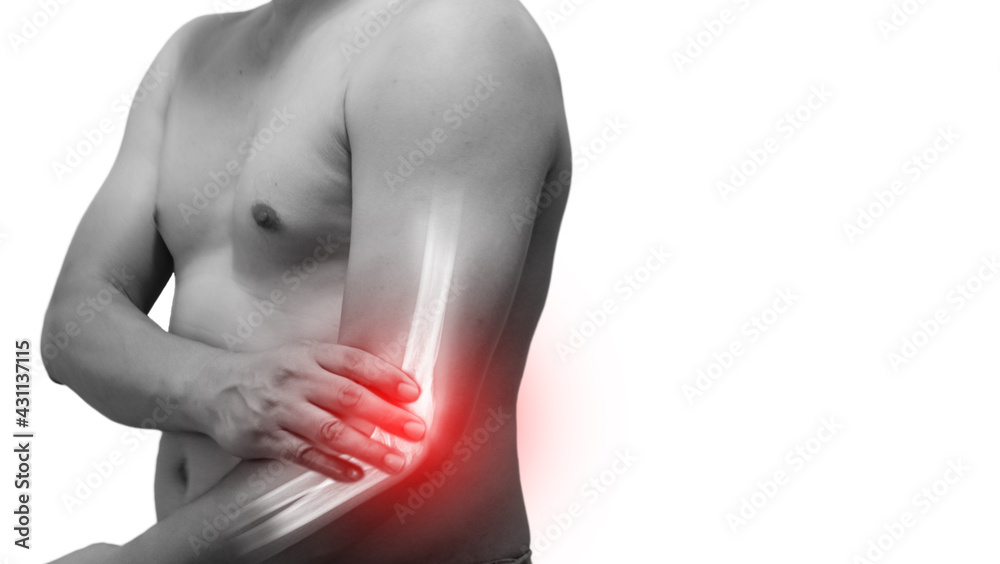 Naklejka premium Film X-ray elbow radiograph show elbow bone fracture from accident. Highlight on frscture site and painful area. Medical imaging concept