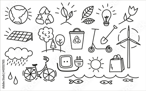 Set of ecology vector icons. Doodle vector eco illustration. Organic hand drawn elements. Recycling and saving the planet.