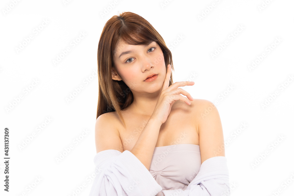Beautiful Young Asian Woman with Clean Fresh Skin. Face care, Facial treatment isolated white background, Cosmetology, beauty and healthy skin and cosmetic ideas concept. Beautiful Young Asian Woman with Clean Fresh Skin. Face care, Facial treatment isolated white background, Cosmetology, beauty and healthy skin and cosmetic ideas concept.