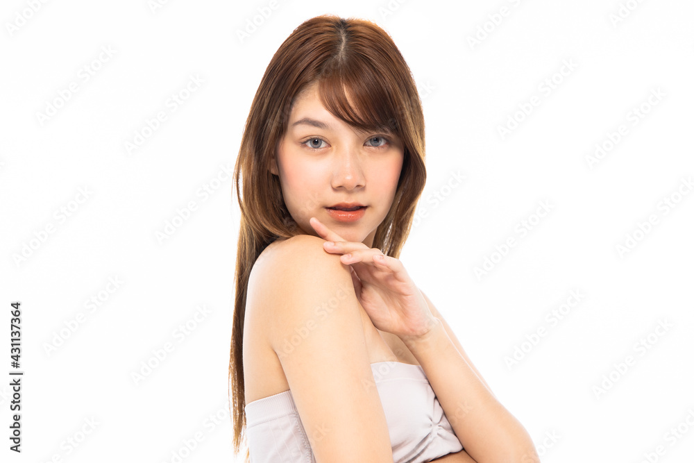 Beautiful Young Asian Woman with Clean Fresh Skin. Face care, Facial treatment isolated white background, Cosmetology, beauty and healthy skin and cosmetic ideas concept. Beautiful Young Asian Woman with Clean Fresh Skin. Face care, Facial treatment isolated white background, Cosmetology, beauty and healthy skin and cosmetic ideas concept.