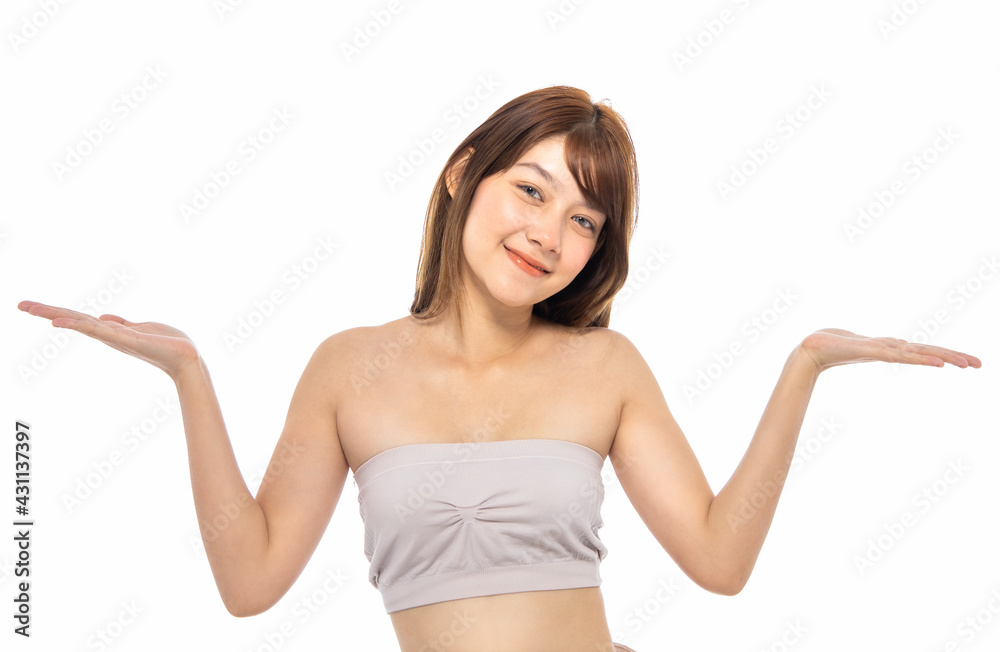 Beautiful Young Asian Woman with Clean Fresh Skin. Face care, Facial treatment isolated white background, Cosmetology, beauty and healthy skin and cosmetic ideas concept. Beautiful Young Asian Woman with Clean Fresh Skin. Face care, Facial treatment isolated white background, Cosmetology, beauty and healthy skin and cosmetic ideas concept.