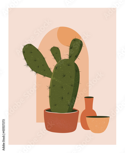 Abstract background with a cactus and flowerpots