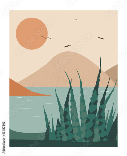 Lanscape with floral elements, mountains, lake