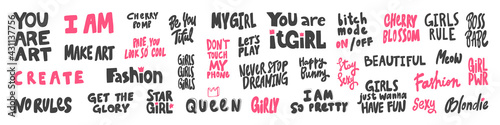 Vector hand drawn collection set of calligraphy lettering quotes and words. Pink and black color