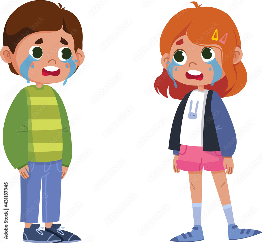 Children Boy and Girl are standing and crying. Upset roaring schoolchildren set. Vector illustration in cartoon style. Isolated clipart on white background fun Children Boy and Girl are standing and crying. Upset roaring schoolchildren set. Vector illustration in cartoon style. Isolated clipart on white background fun