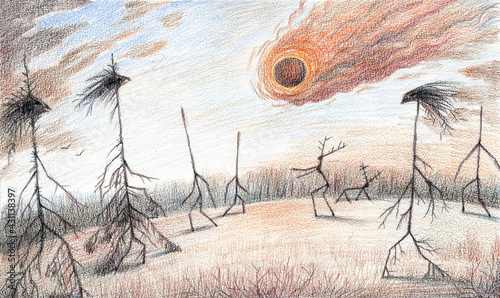 Fantasy colored pencils artwork with Tunguska unexplained event meteorite falling in the taiga woods photo