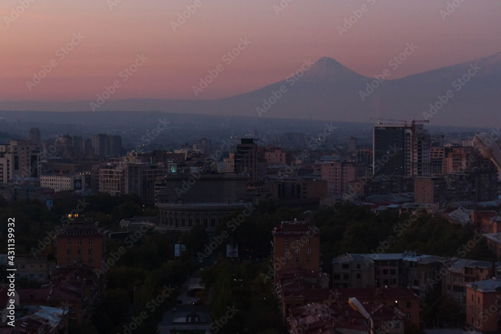 Sunset at Yerevan City, view with majestic Ararat mountain, Armenia