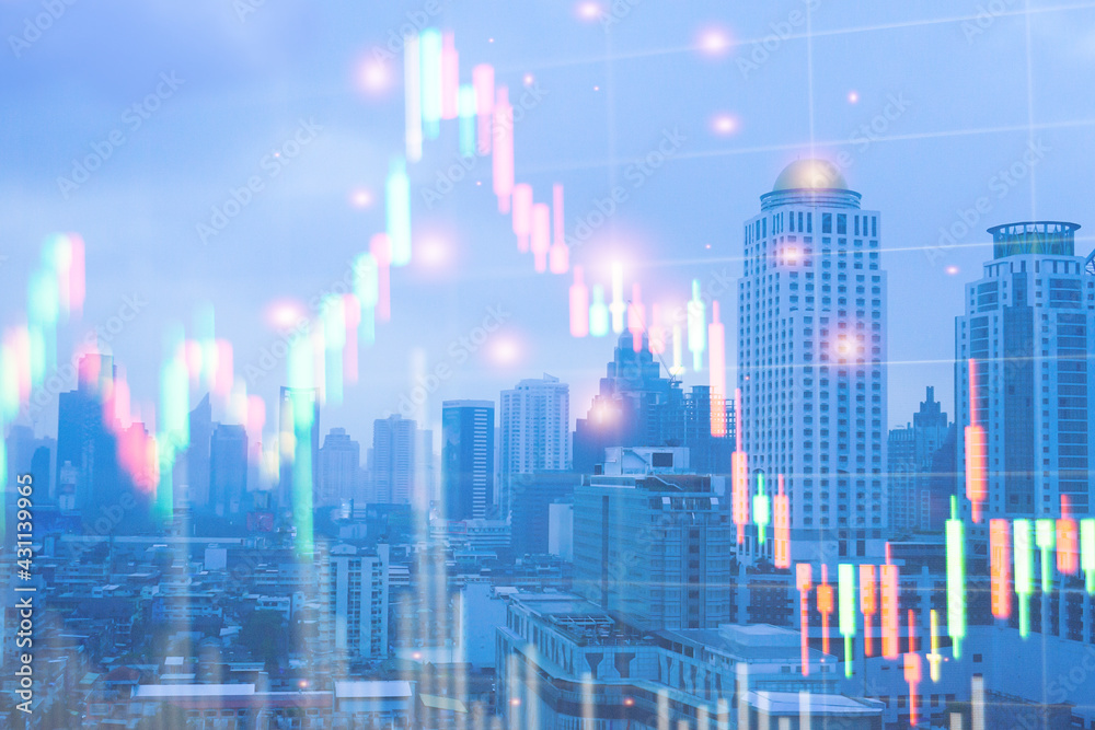 Double exposure of graph Stock market exchange on blurred photo of city scenery background, business trading, construction and technology concept. Double exposure of graph Stock market exchange on blurred photo of city scenery background, business trading, construction and technology concept.