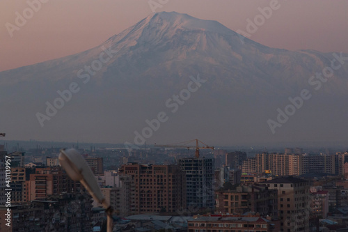 Sunset at Yerevan City, view with majestic Ararat mountain, Armenia