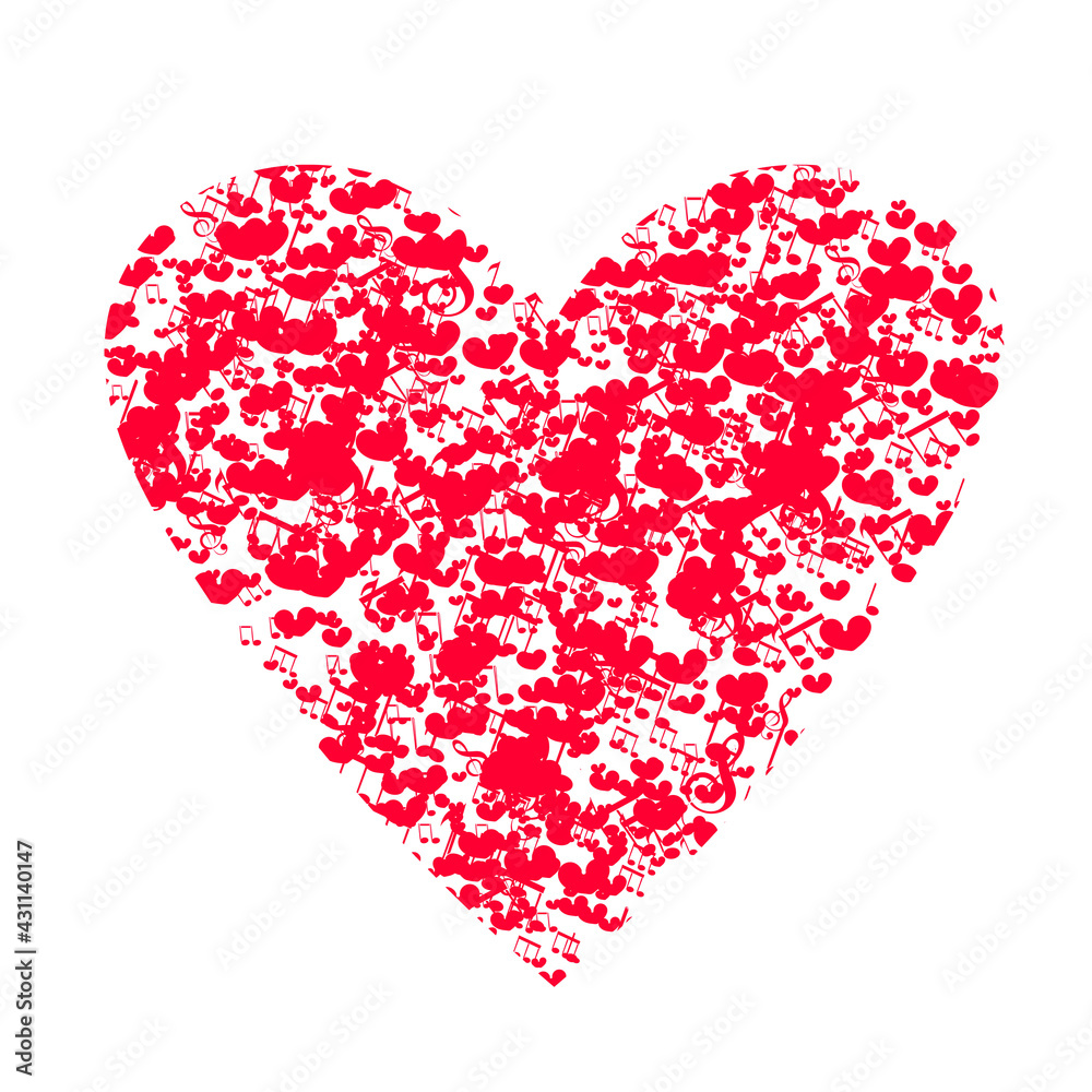 Heart with notes Love hand drawn illustration heart on white background. Valentine day, romantic holiday symbol.