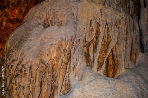 Mineral formation inside Damlatas cave in Alanya (Turkey), close-up. Abstract geological background