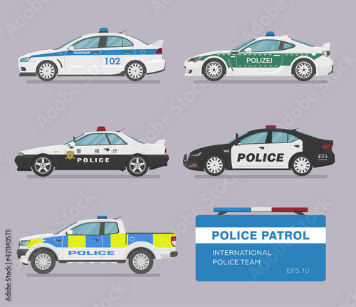 Translation: police.  Set of isolated police cars. Flat illustration, icon for graphic and web design. Side view on grey background.