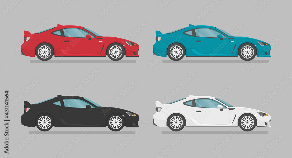 Naklejka premium Vector sport cars. Cars of different colors. Side view. Cartoon cars in flat style.