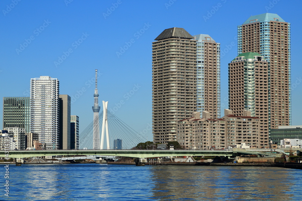 隅田川に架かる佃大橋と高層マンション群 隅田川に架かる佃大橋と高層マンション群