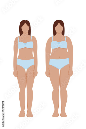 before and after. weight gain and weight loss. thin and fat woman. stock vector illustration isolated on white background.