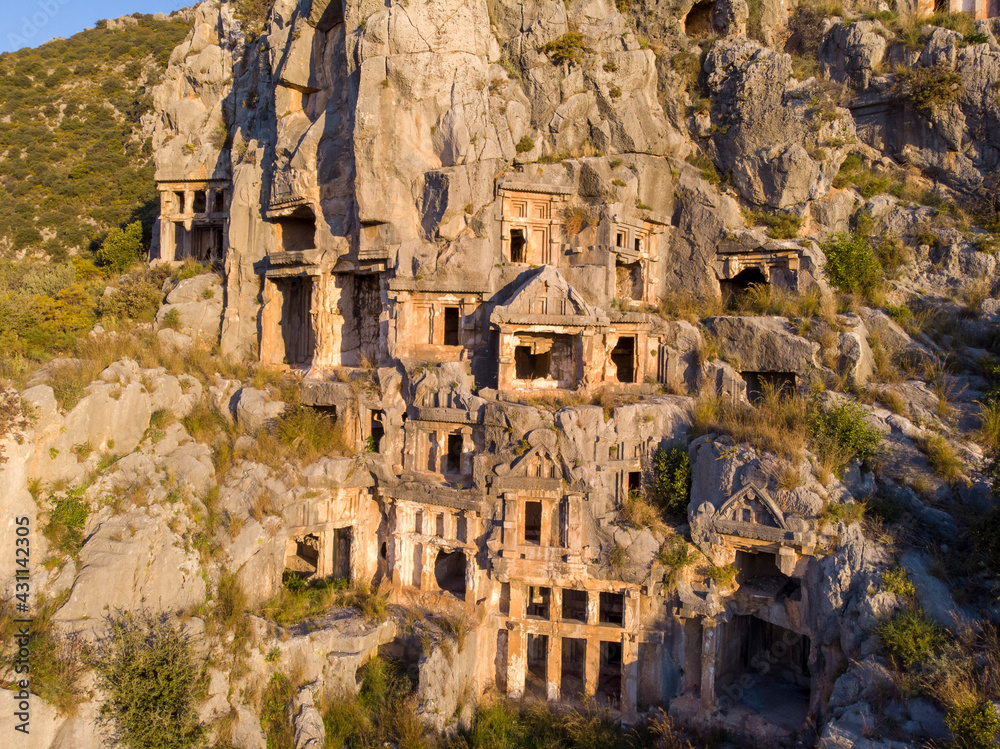 Aerial Shot Archeological remains of the Lycian rock cut tombs in Myra, Turkey
