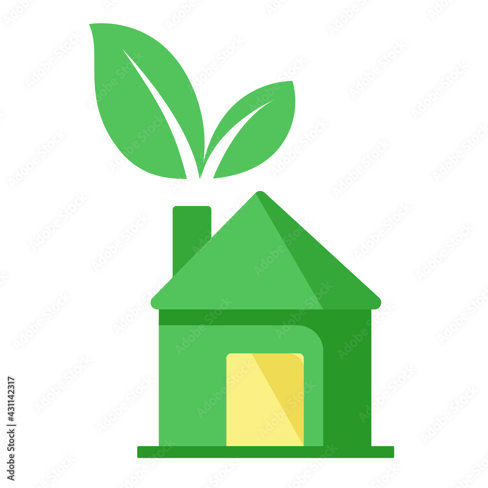 Eco house with green leaves sticking out of the chimney instead of smoke. Suitable for use as an icon to indicate an address or location, as well as a symbol of environmental friendliness.