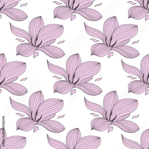 Magnolia Flowers Seamless Pattern. Black and white line illustration of magnolia flowers on white background. Botanical vector sketch line floral art.