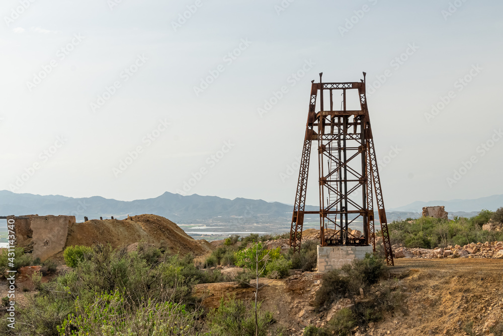 Castle of access to an old mining shaft of the Abandoned Mines of Mazarrón. Murcia region. Spain