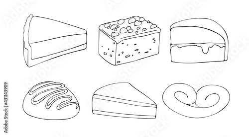 Stylized black and white various desserts. Black lines, outline style. Illustration can be used for coloring books..