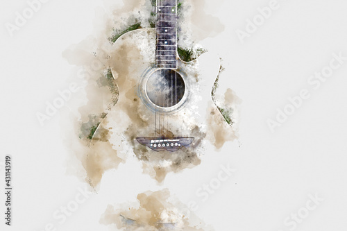 Canvas Print Abstract colorful Guitar in the foreground on Watercolor painting background and Digital illustration brush to art