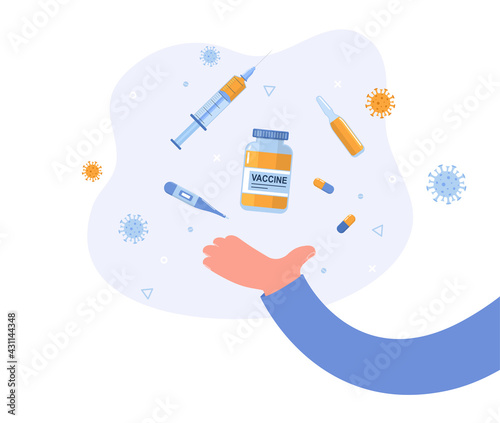 Vaccination concept, hand with vaccine and syringe from covid 19, flu.