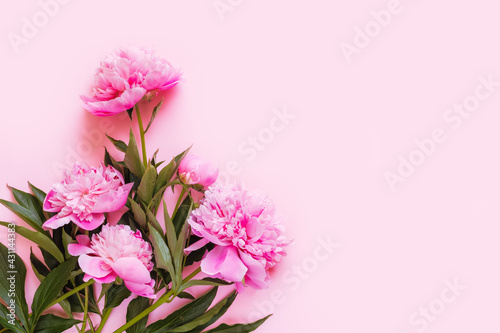 Top view of pink peony flowers with copy space. Space for text. © mayanko