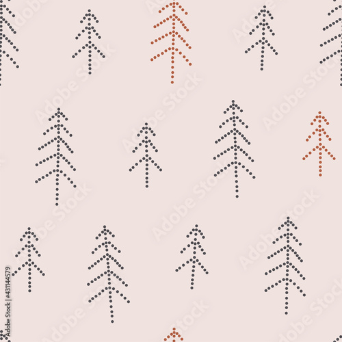 Dotted line minimalistic Christmas pine tree forest vector seamless pattern. Abstract Xmas modern dotty pine tree background. Christmasy holidays boho geometric graphic print design