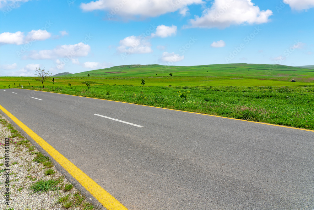 Asphalt road between green farm fields with blue sky and clouds Asphalt road between green farm fields with blue sky and clouds