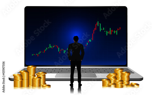 Businessman standing front big laptop, watching the stock trade graph with piles of money by the side. Stock trader. Creative vector illustration concept.