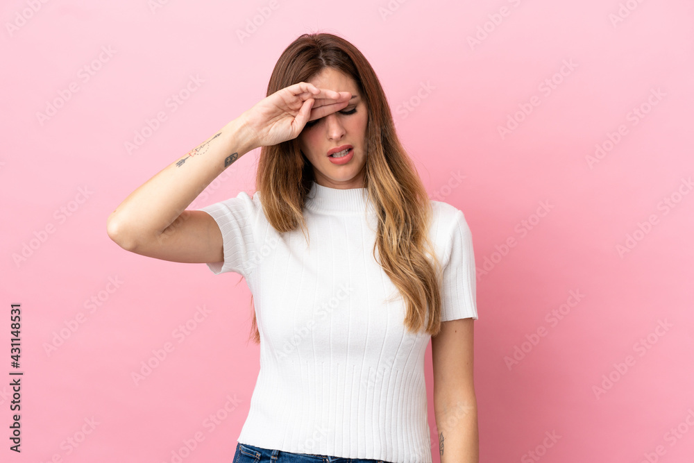 Caucasian woman isolated on pink background with tired and sick expression Caucasian woman isolated on pink background with tired and sick expression