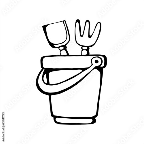 Vector image of a children's toy sandbox bucket, scoop, rake
